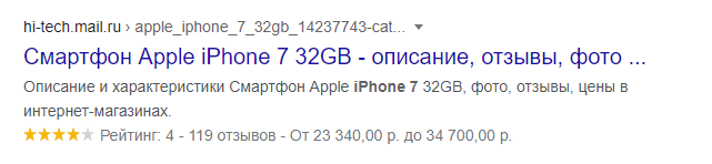 Описание товара в результатах поиска Google